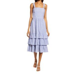 NWOT Willow Mary Jane Poplin Stripe Midi Dress Womens XS Blue White Tiered NEW